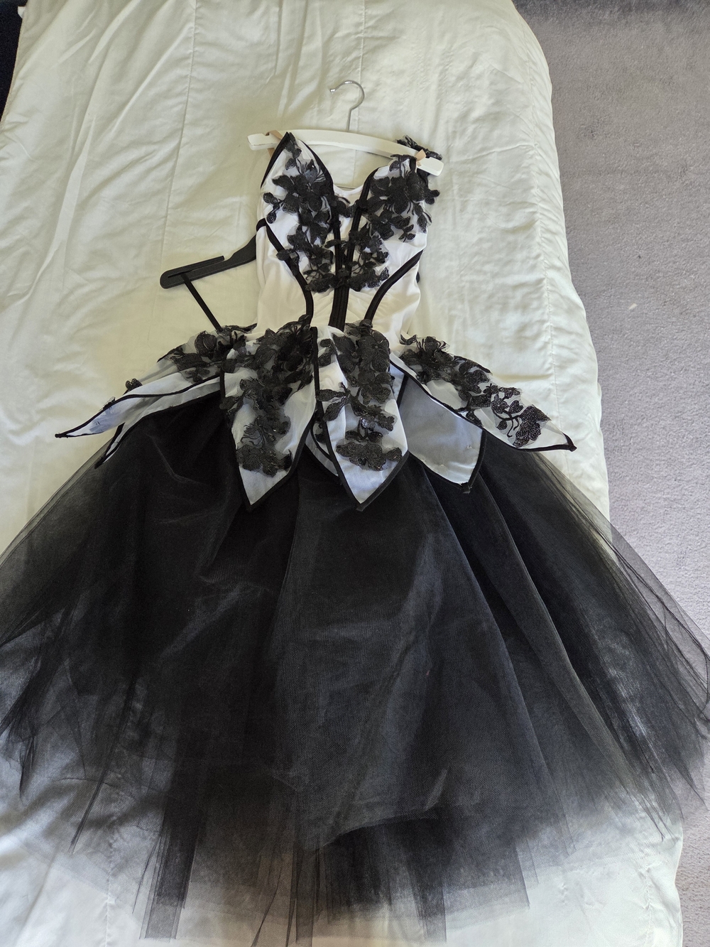 Classic Black & White Floral Appliqué Tulle Dance Costume for Kids